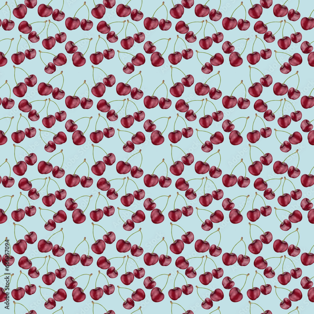 Illustration realism seamless pattern berry burgundy cherry on a light blue background. High quality illustration Illustration realism seamless pattern berry burgundy cherry on a light blue background. High quality illustration