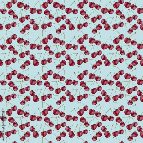 Illustration realism seamless pattern berry burgundy cherry on a light blue background. High quality illustration