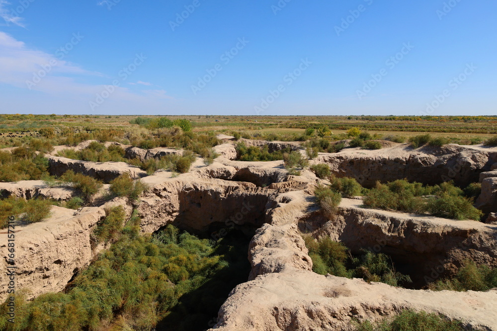 The ruins of Koykirilgan Kala, one of the Desert Castles of Ancient Khorezm traditionally known as Elliq Qala, Unesco World Heritage Site in Karakpakstan, Uzbekistan