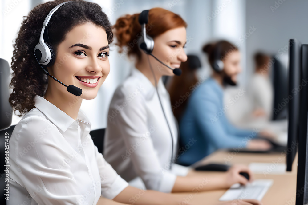 Beautiful woman Customer service representative talking through headset, AI generated Beautiful woman Customer service representative talking through headset, AI generated