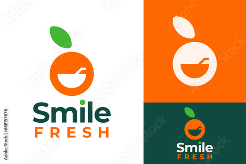 Simple Tangerine Orange Citrus with Happy Smile Bowl Dish Salad Logo Design Branding Template