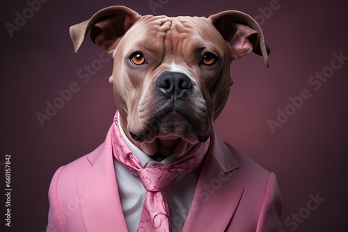 Cute funny anthropomorphic dog in clothes. Pink mood concept. Portrait with selective focus and copy space © top images
