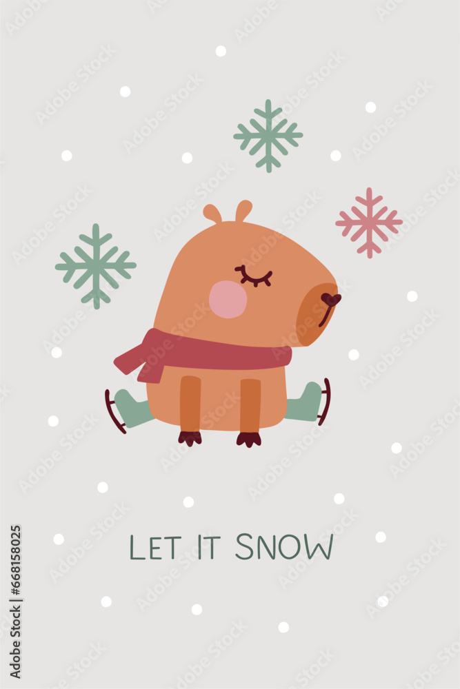 Christmas greeting card. Capybara skating. Let it snow
Christmas greeting card. Capybara skating. Let it snow