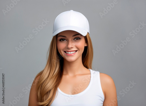 Happy young woman wearing a blank white baseball cap isolated on gray background. AI generative photo