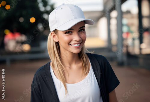 Happy young woman wearing a blank white baseball cap on city outdoors. AI generative
