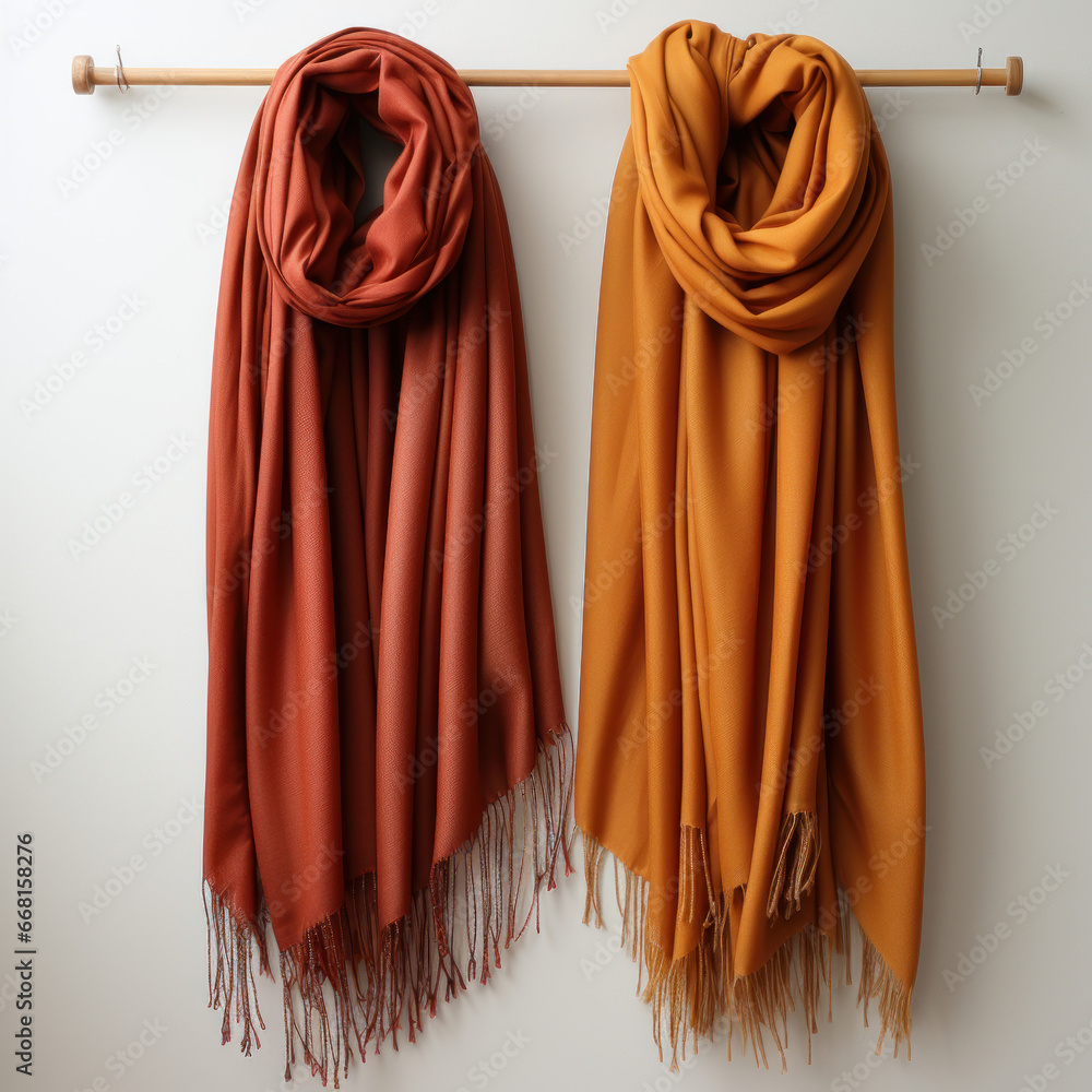 A red and orange scarf on a hanger. 
