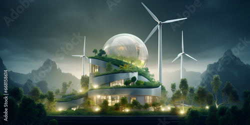 Eco-Friendly House and Renewable Energy, Modern Sustainable Architecture with Wind Power Generative Ai