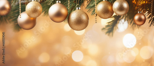 Christmas background with golden baubles and fir tree branches on bokeh lights.
