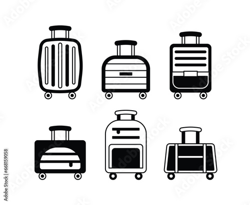 set travel bag of icons of transport, vacation, baggage, luggage collections illustration black white simple design isolated