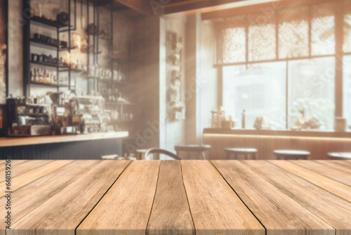 Empty wooden table space platform and blurred resturant or coffee shop background for product display montage
