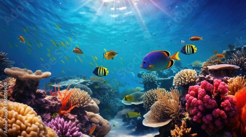 Vibrant coral reef teeming with tropical fish in sunlit waters, Biodiversity and marine conservation. © Postproduction