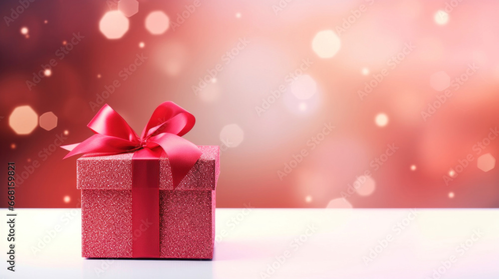 Red gift box with a red bow on pink background Red gift box with a red bow on pink background