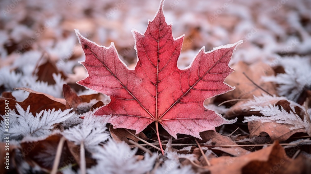 A crimson maple leaf resting on a bed of frost-covered grass, the transition from autumn to winter.