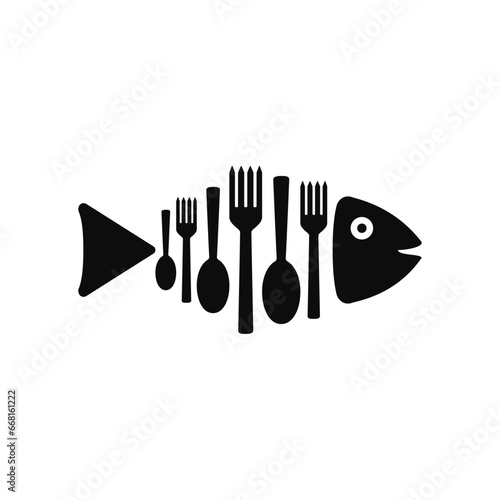 A fish silhouette made from cutlery for cooking including spoons and forks. Creative abstract vector design.