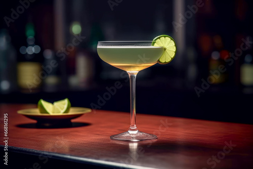 Close up of gimlet cocktail with lime garnish in background of modern bar or house. Lifestyle concept of restaurants and bar. photo