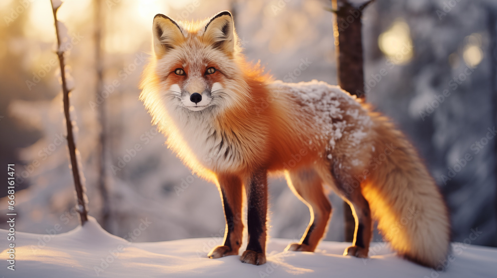  fox in the snowy forest at sunset. 