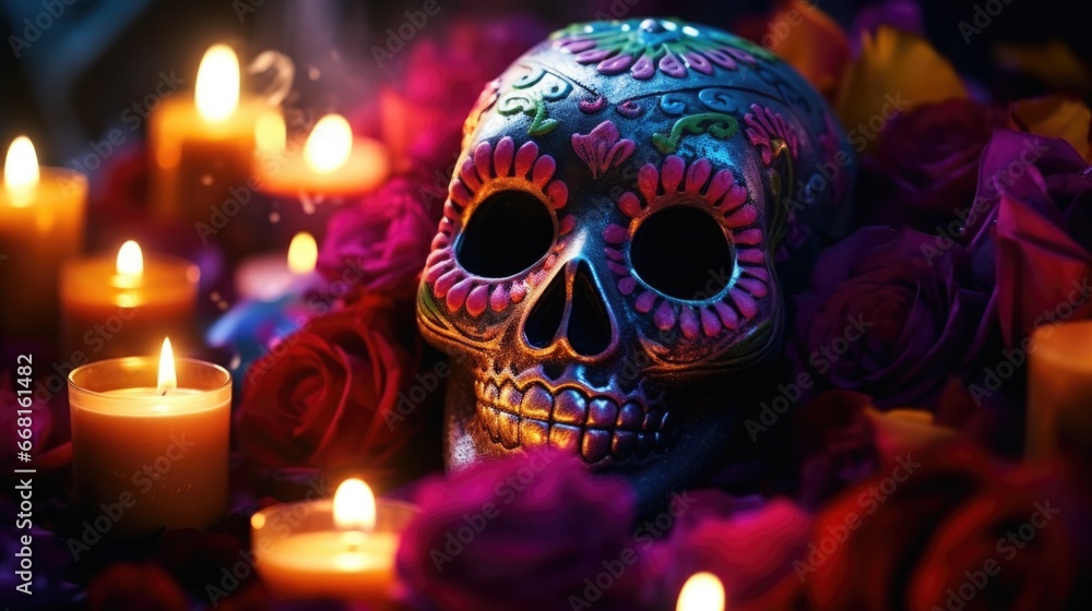 Close-up of sugar skull with detailed colorful designs, surrounded by roses. Day of the Dead. Close-up of sugar skull with detailed colorful designs, surrounded by roses. Day of the Dead.