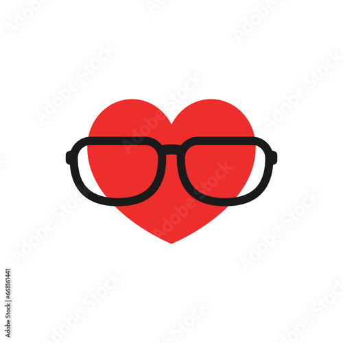 Heart wearing large glasses with transparent lenses. Color vector.
