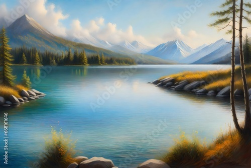 An oil pastel painting of a serene lakeside scene with distant mountains, capturing the essence of Albert Bierstadt, soft pastels, tranquil atmosphere.