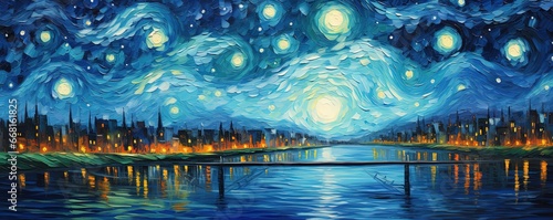 painting style illustration, beautiful countryside town under starry night sky, Generative Ai