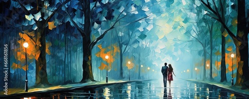 painting style illustration, two man and woman walking together in night park, Generative Ai