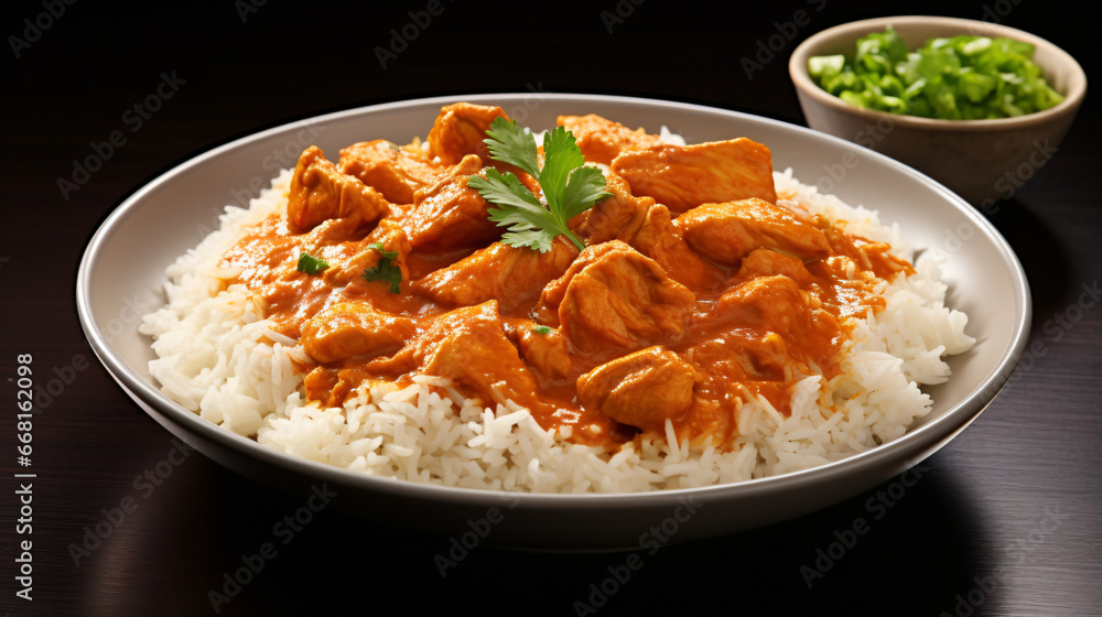 Chicken curry with rice traditional indian food isolated on white background