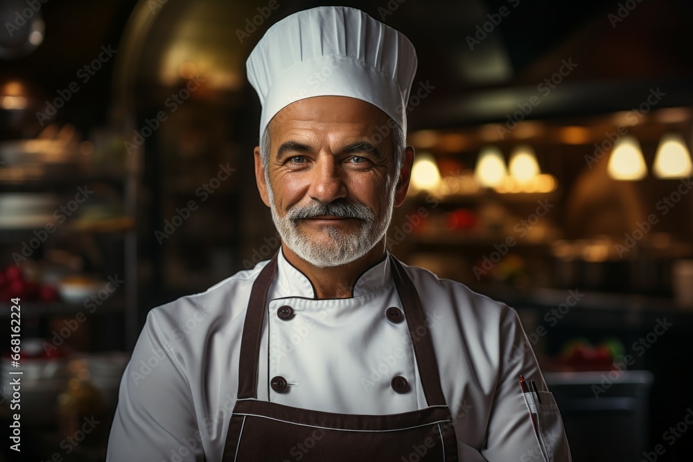 The man is a professional chef in the restaurant or hotel business. Portrait with selective focus and copy space
