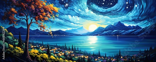painting style illustration, Mediterranean coastal town with starry night sky, Generative Ai photo