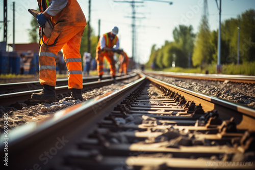 Workers carry out repair work tightening bolts on the street. Installation of railway rails for trams and reconstruction of tram tracks. Generative AI