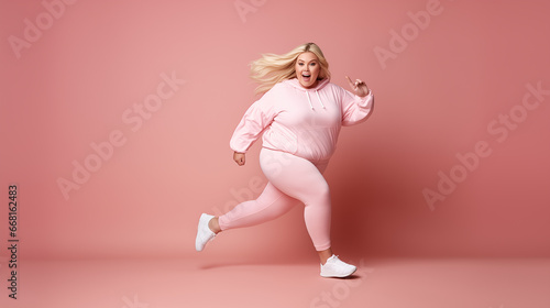 Full length portrait of a happy plus size woman in pink clothes running isolated over pink background
