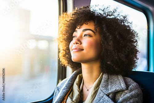 Jeune femme métis assis prés de la fenêtre  dans un bus et souriant photo