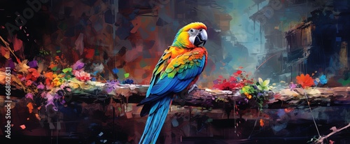 painting style illustration, a macaw bird on tree branch looking back, Generative Ai