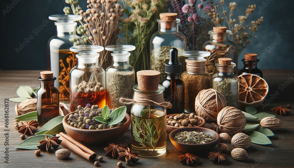 Detailed view of alternative medicine essentials with fresh and dried herbs, and glass tincture jars.