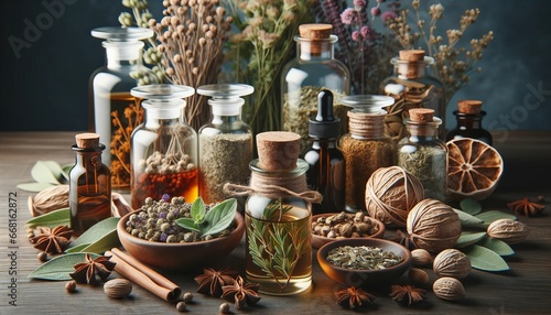 Detailed view of alternative medicine essentials with fresh and dried herbs, and glass tincture jars. photo