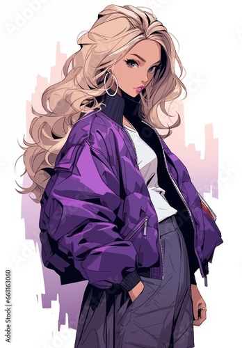 Blond woman posing in purple jacket and skirt, in the style of surrealistic urban, high-angle, grunge chic, electric color, citypunk. In style of color sketch. Made with generative AI photo