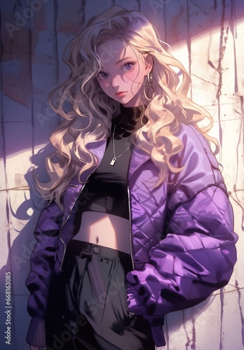 Blond woman posing in purple jacket and skirt, in the style of surrealistic urban, high-angle, grunge chic, electric color, citypunk. In style of color sketch. Made with generative AI photo
