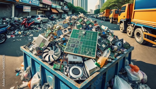 Detailed view of discarded computer components in an urban garbage site. photo