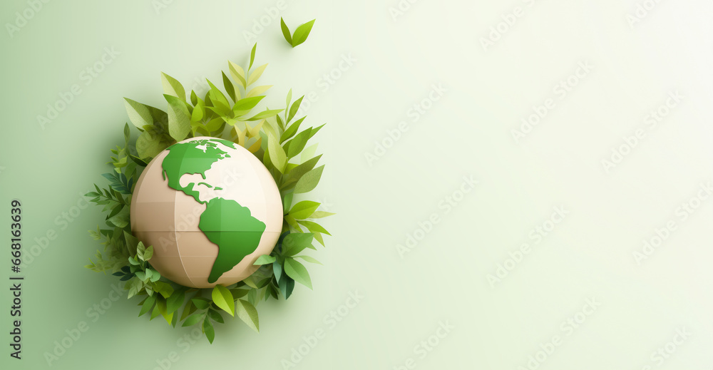 Fototapeta premium Paper earth globe surrounded by green foliage, symbol of environmental protection and care of a fragile planet - Earth Day concept