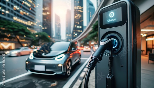 Close-up of a single plug charging a car at a modern electric vehicle charging station in the city. photo