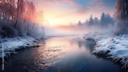 A frozen river at sunrise, with the mist rising from the water's surface, creating a serene and magical atmosphere.
