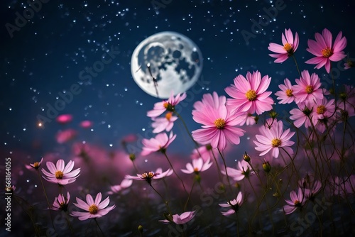  Beautiful pink flower blossom in garden with night skies and full moon. © Malaika