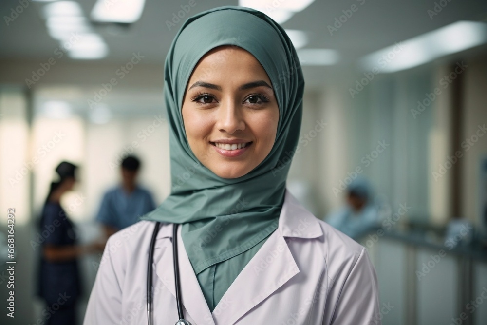 Portrait of confident female nurse wearing hijab in a hospital or doctor's office smiling at camera Portrait of confident female nurse wearing hijab in a hospital or doctor's office smiling at camera