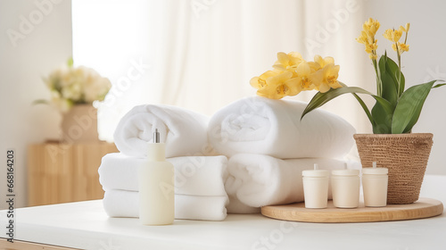 Spa decoration with candle, flowers and a bottle with massage oil. Wellness centre. Spa luxury product and spa room.