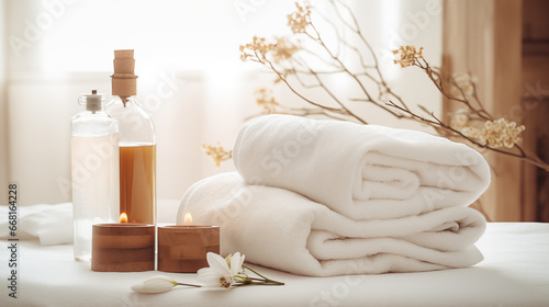 Spa decoration with candle, flowers and a bottle with massage oil. Wellness centre. Spa luxury product and spa room.