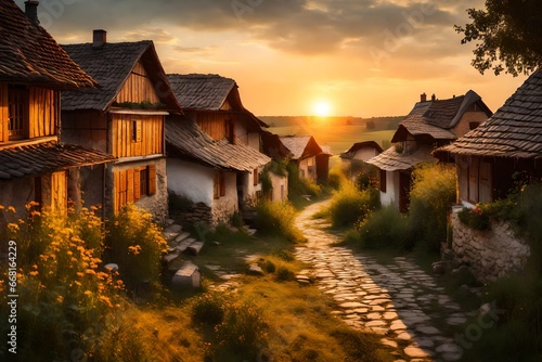 Village houses at sunset in summer. Beautiful view