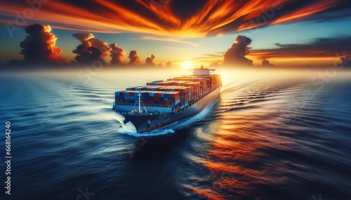 Colossal container ship on the ocean with fiery hues of sunset on the horizon.
