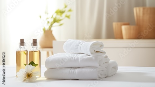 Spa decoration with candle, flowers and a bottle with massage oil. Wellness centre. Spa luxury product and spa room. photo