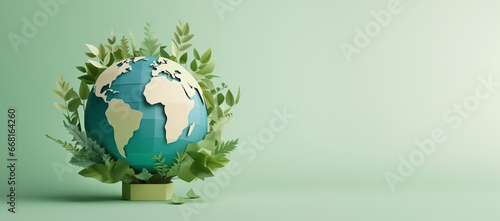 Paper earth globe surrounded by green foliage, symbol of environmental protection and care of a fragile planet - Earth Day concept #668164260