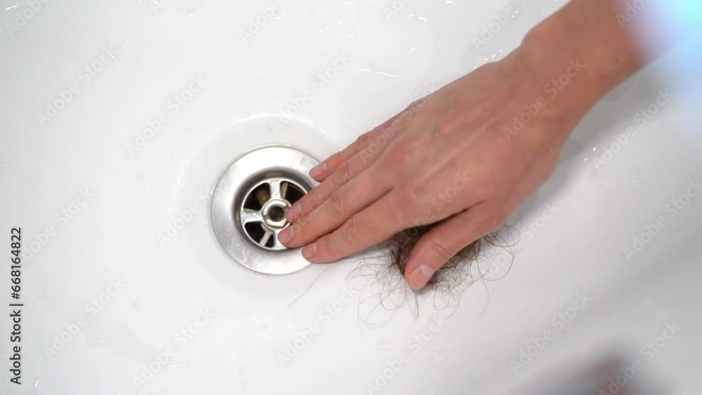Cleaning the water drain in the sink from hair. A drain in the shower
