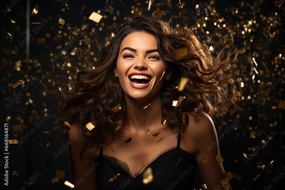 Attractive young woman celebrating on New Year party, having golden confetti. Happy holidays. Nightlife. Attractive young woman celebrating on New Year party, having golden confetti. Happy holidays. Nightlife.